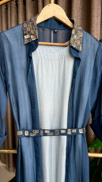 Blue hand work embroidery 2 piece coat set