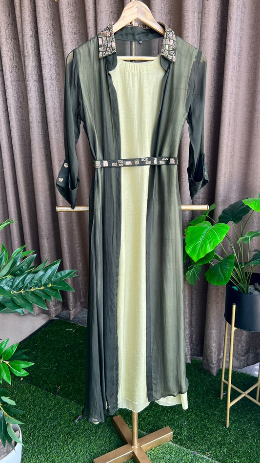 Green hand work embroidery 2 piece coat set