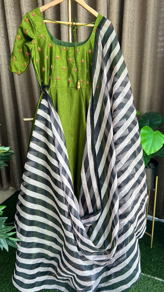 Green silk salwar suit of hand worked top and Duppata