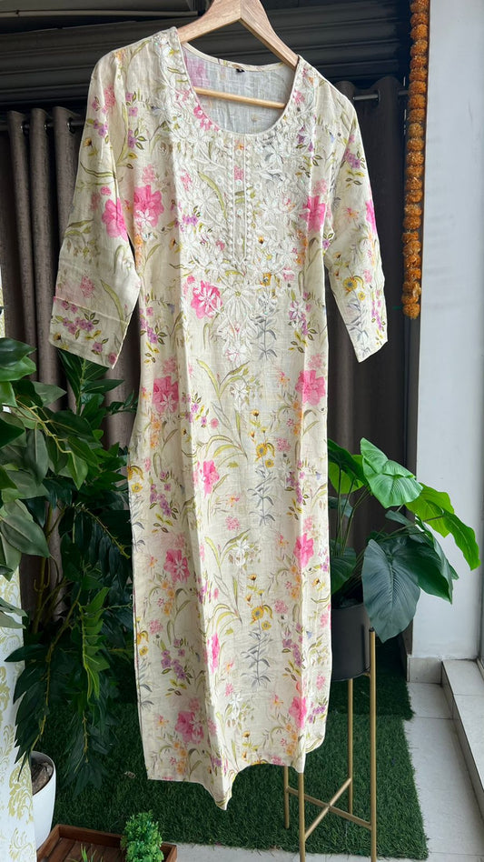 White cotton chicken embroidery 2 piece kurti set