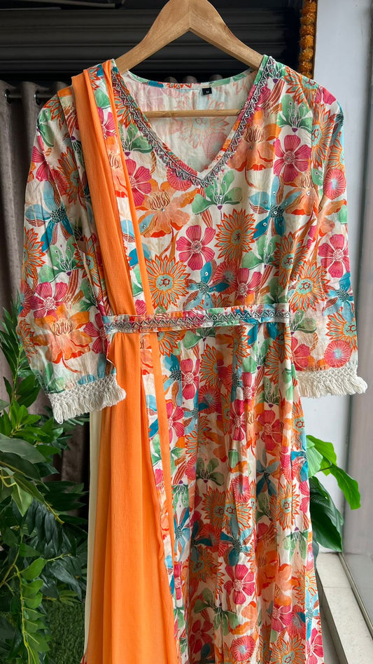 Cotton floral printed 3 piece kurti suit