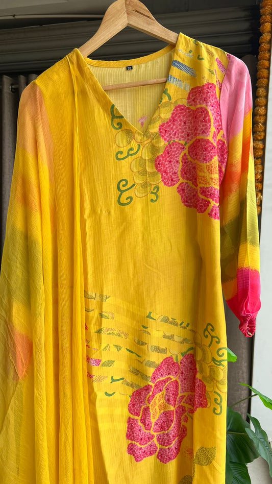 Yellow silk floral printed 3 piece kurti suit