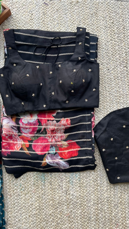 Black organza floral saree with handwork blouse