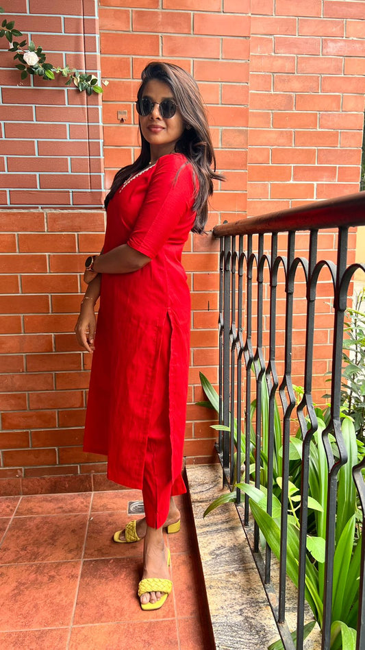 Red silk hand worked 2 piece kurti / coord set