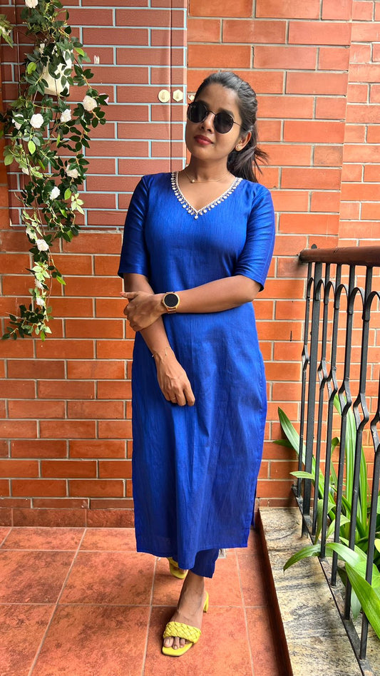 Royal blue silk hand worked 2 piece kurti / coord set
