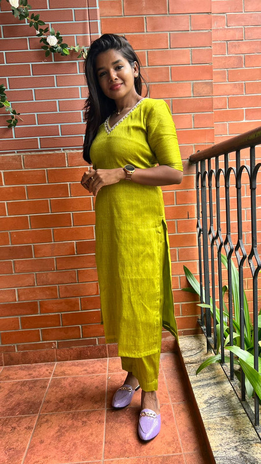 Parrot green silk hand worked 2 piece kurti / coord set