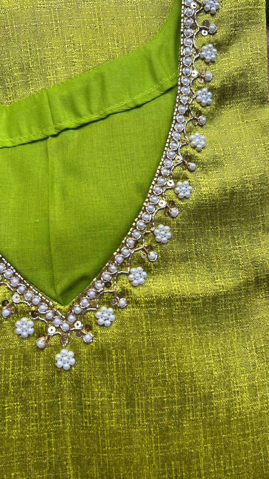 Parrot green silk hand worked 2 piece kurti / coord set