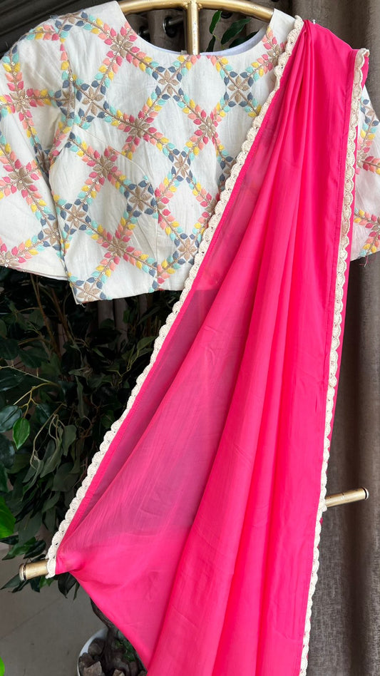 Pink soft HO silk saree with cotton embroidery blouse