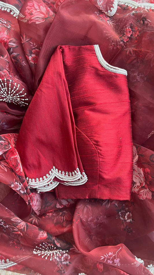 Deep maroon floral organza saree with hand worked blouse