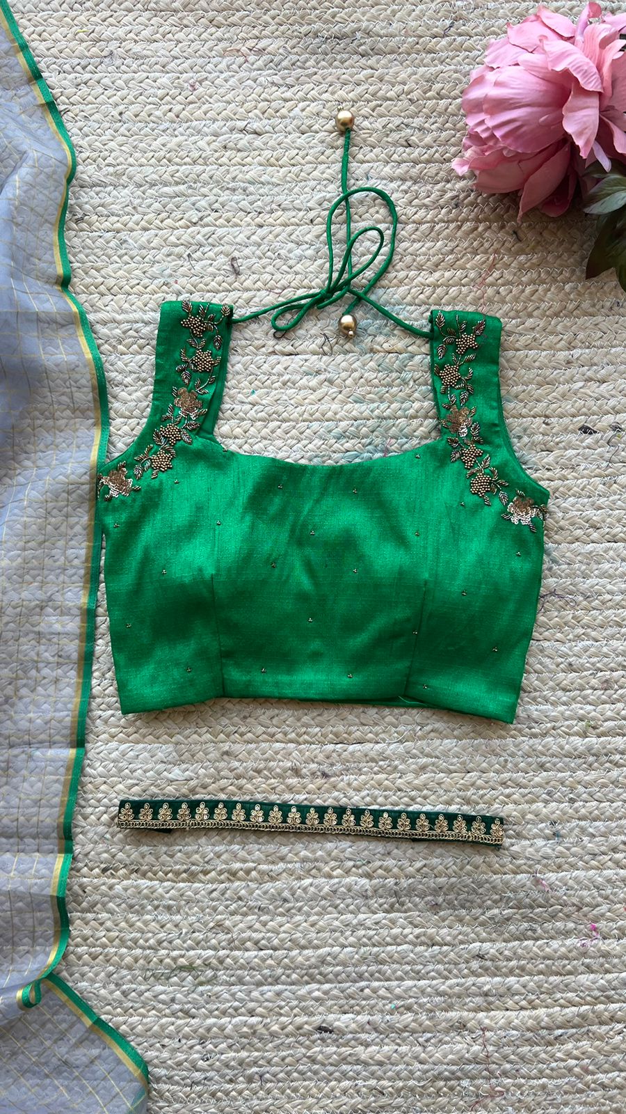 Grey organza saree with green hand work blouse