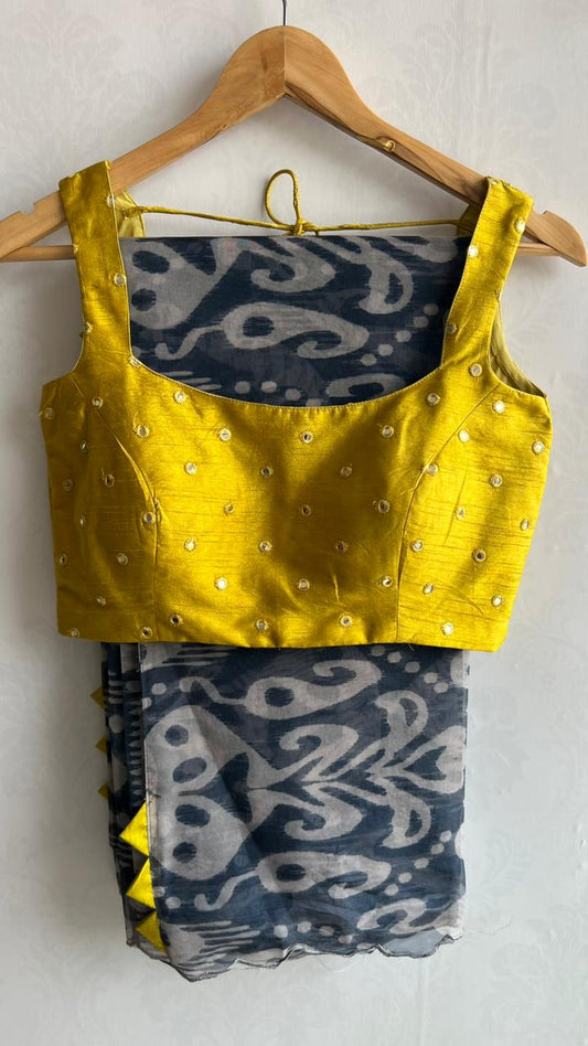 Grey soft organza saree with mirror worked blouse