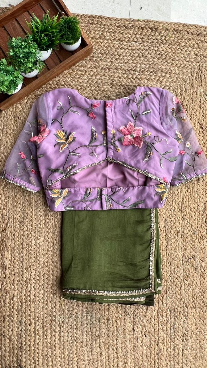 Bottle green marble saree with hand worked blouse