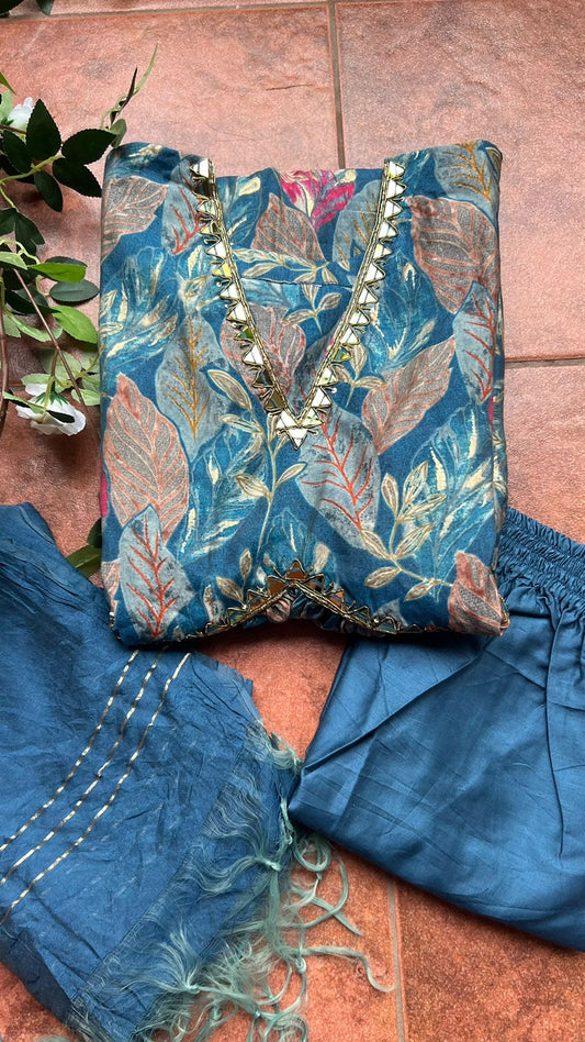 Blue silk floral printed 3 piece kurti suit