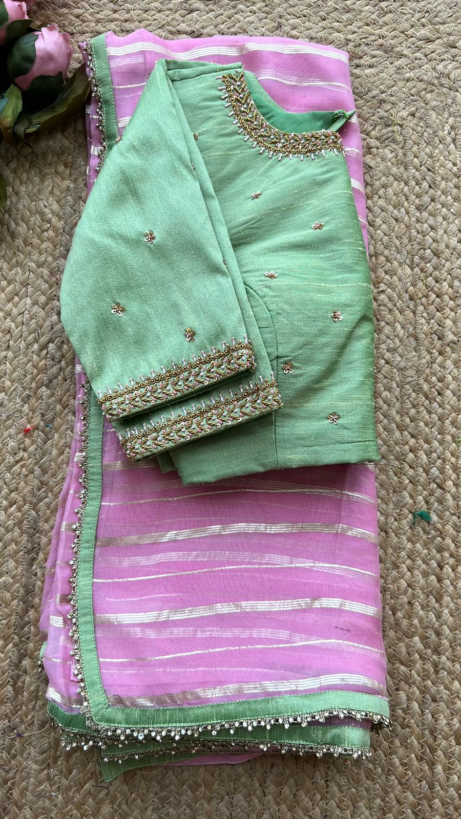 Pista green silk handwork blouse