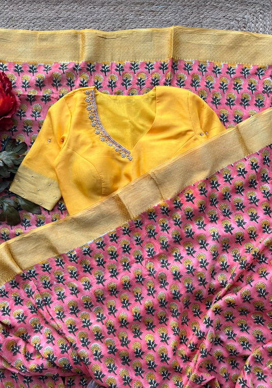 Blush pink chanderi saree with yellow hand made blouse