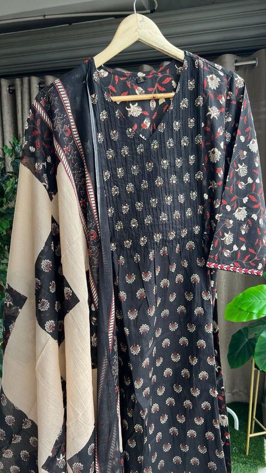 Black cotton 3 piece ajrak kurti suit