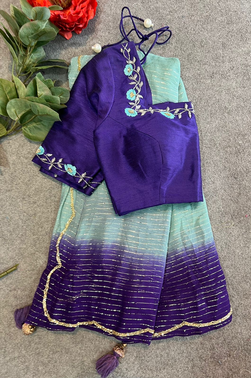 Ombre blue chiffon saree with hand work blouse