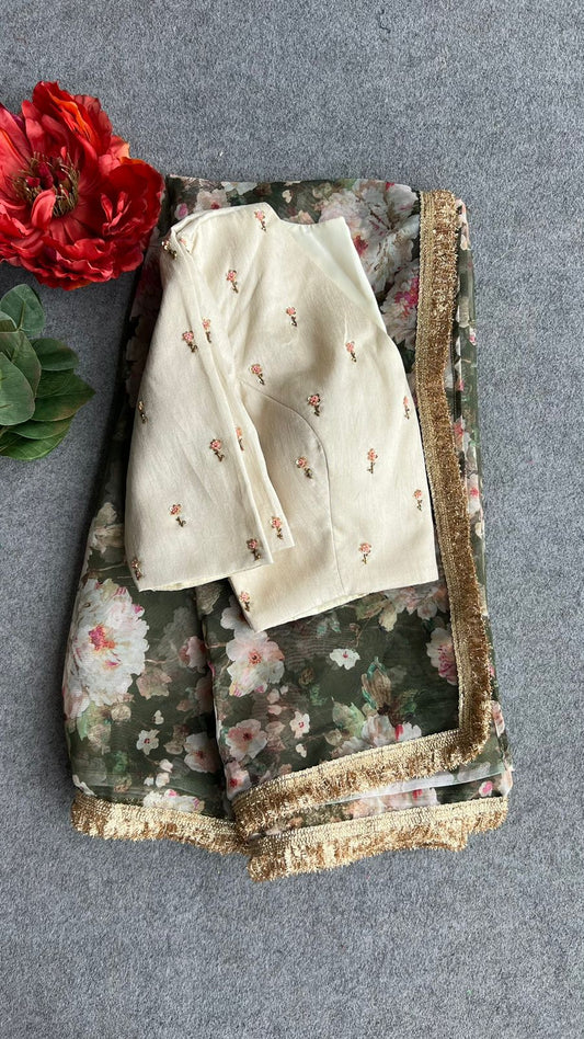 Mehandi organza saree with white handwork blouse