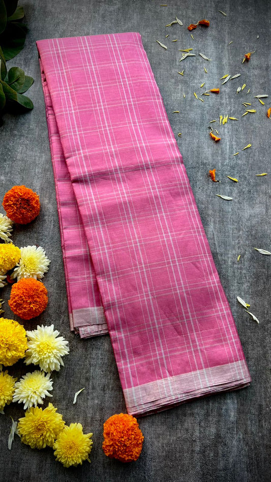 Baby pink checked kanjivaram soft silk saree with blouse