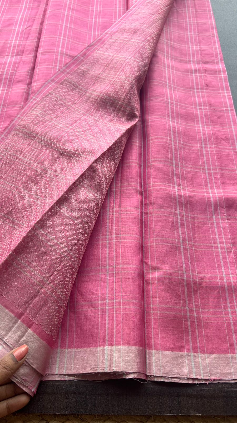 Baby pink checked kanjivaram soft silk saree with blouse
