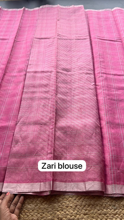 Baby pink checked kanjivaram soft silk saree with blouse