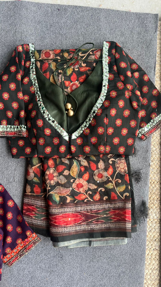 Deep green chanderi kalamkari saree with mirror worked blouse