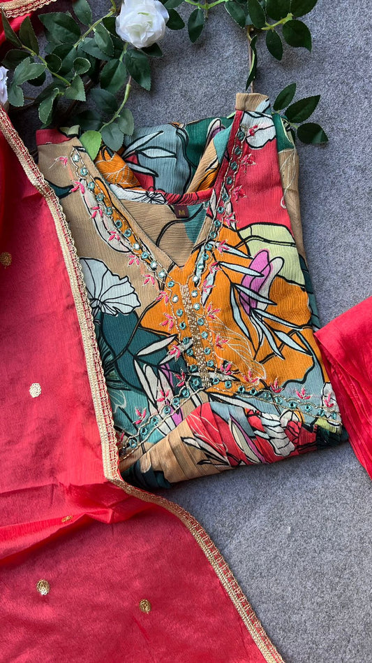 Chinnon floral printed 3 piece alia cut kurti suit