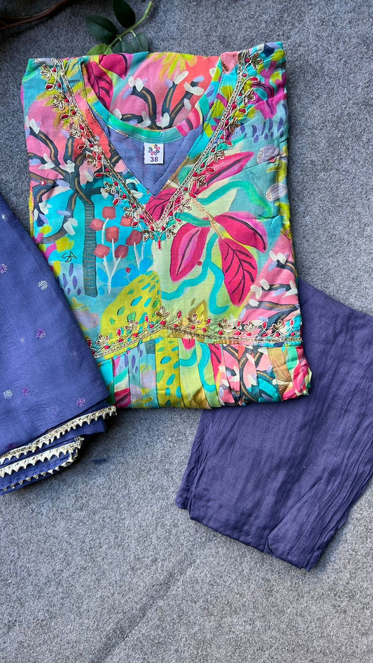 Blue muslin floral printed 3 piece alia cut kurti suit