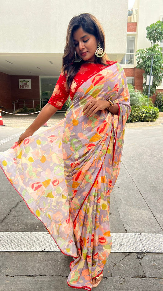 Grey floral soft organza saree with banarasi blouse