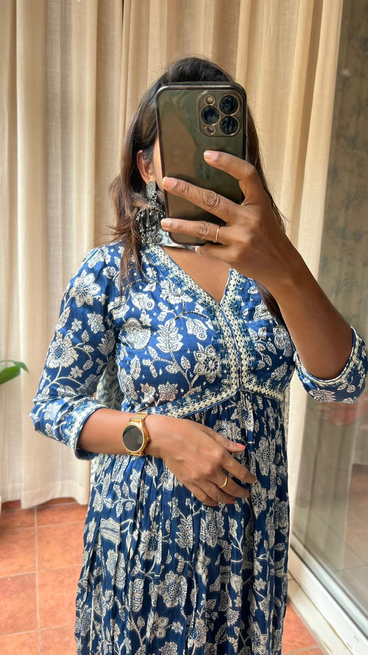 Satin blue floral printed 3 piece alia cut kurti suit