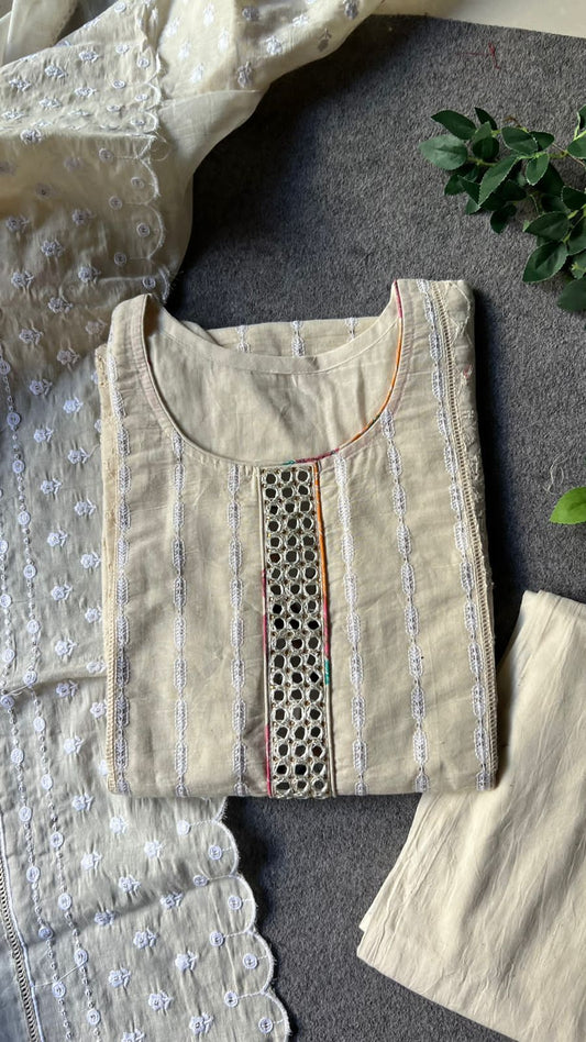Half white cotton embroidered 3 piece kurti suit