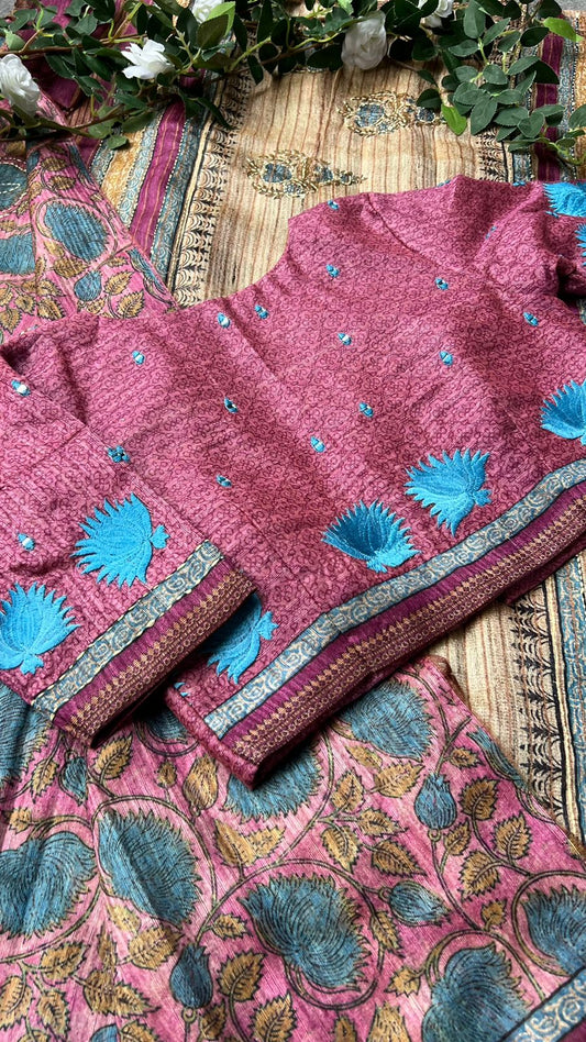 Kantha pink floral chanderi saree with embroidery blouse