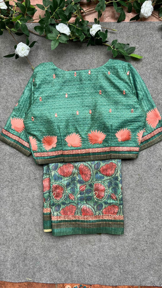 Kantha green floral chanderi saree with embroidery blouse