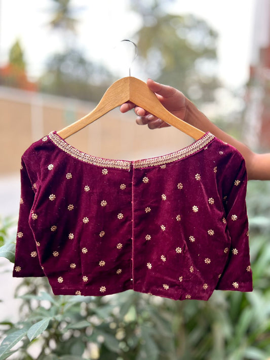Maroon velvet embroidery blouse