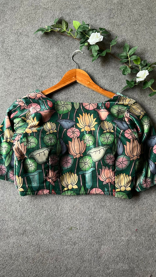 Green velvet printed blouse
