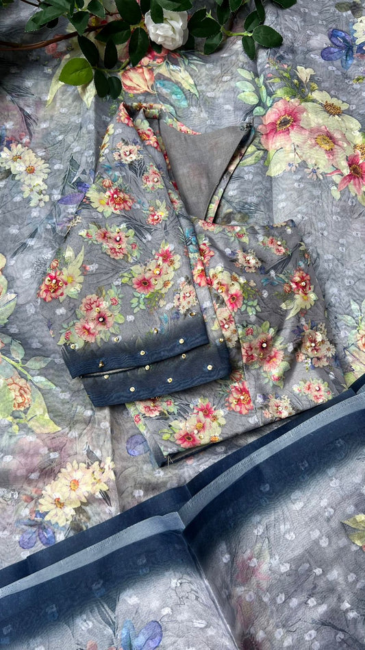 Grey & blue floral organza saree with handwork blouse