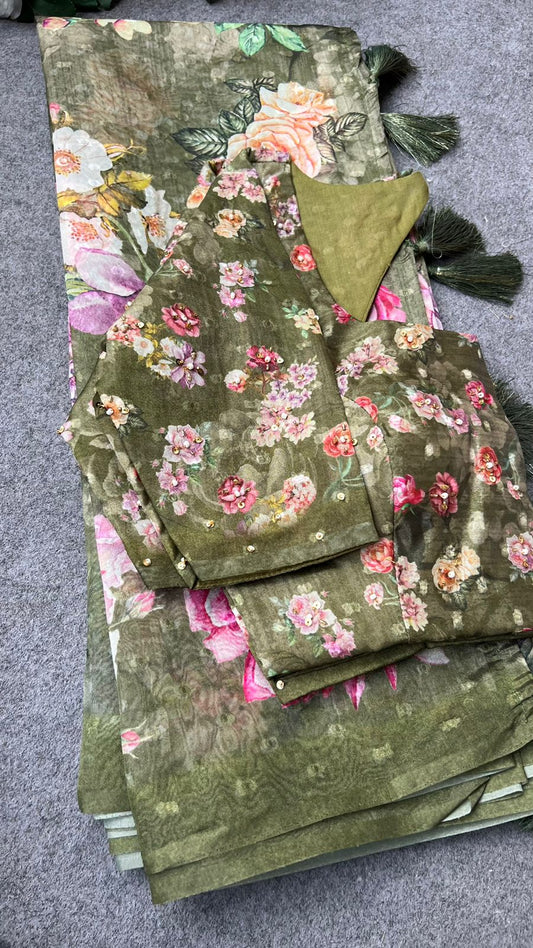 Green floral organza saree with handwork blouse