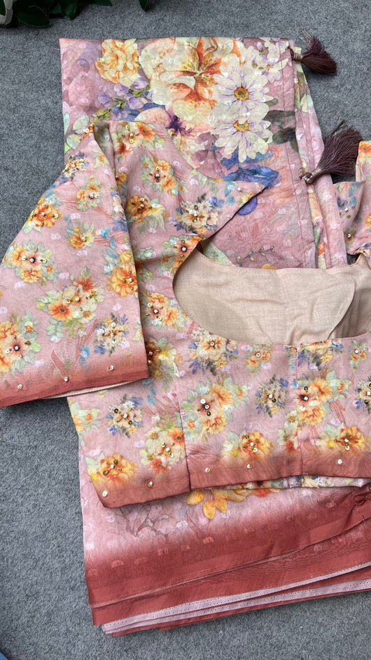 Peach floral organza saree with handwork blouse