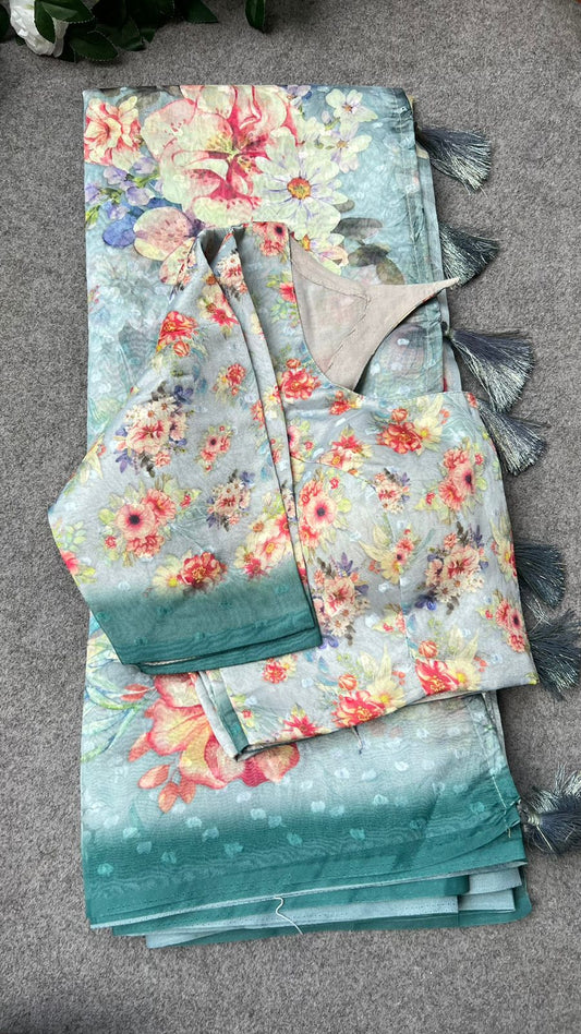 Blue floral organza saree with floral blouse