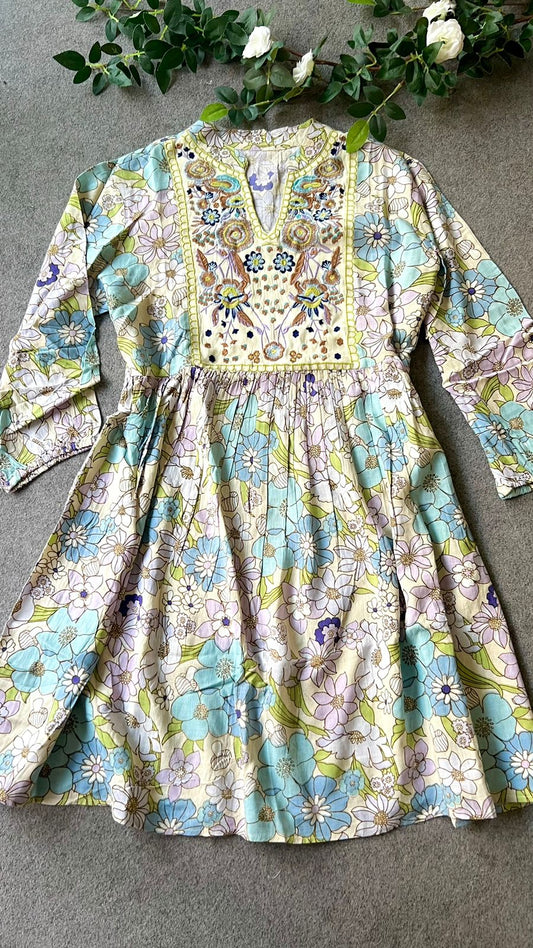 Cream floral cotton embroidery kurti top