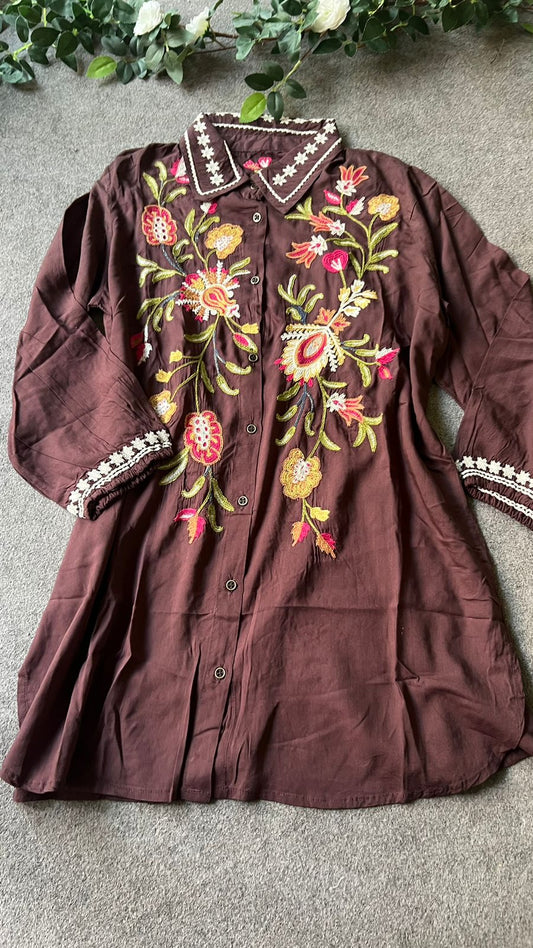 Coffee rayon embroidery kurti short top