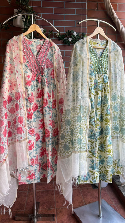 Half white & green floral cotton embroidered 3 piece kurti suit