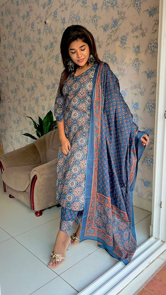 Blue cotton ajrak printed 3 piece kurti suit