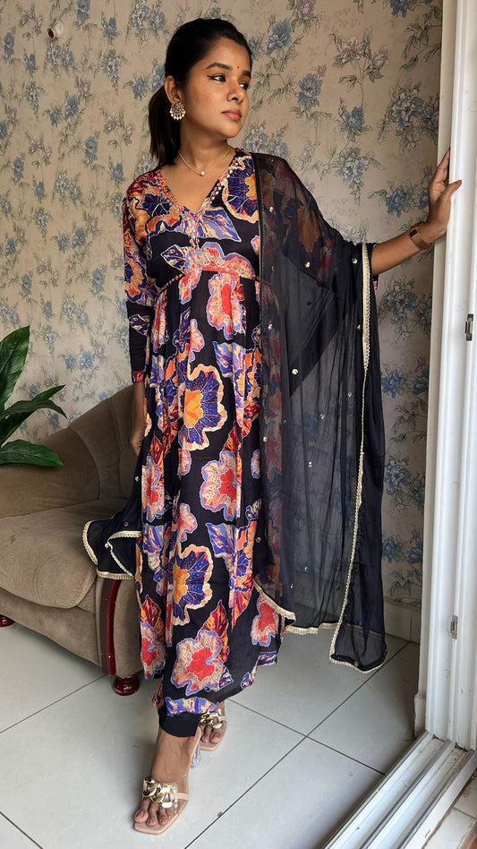 Black & violet floral printed 3 piece alia cut kurti suit