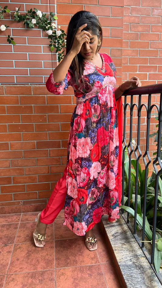 Red floral printed 3 piece alia cut kurti suit