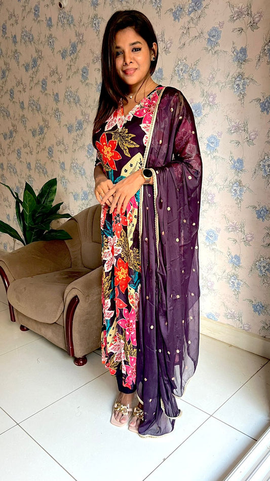 Wine floral printed 3 piece alia cut kurti suit