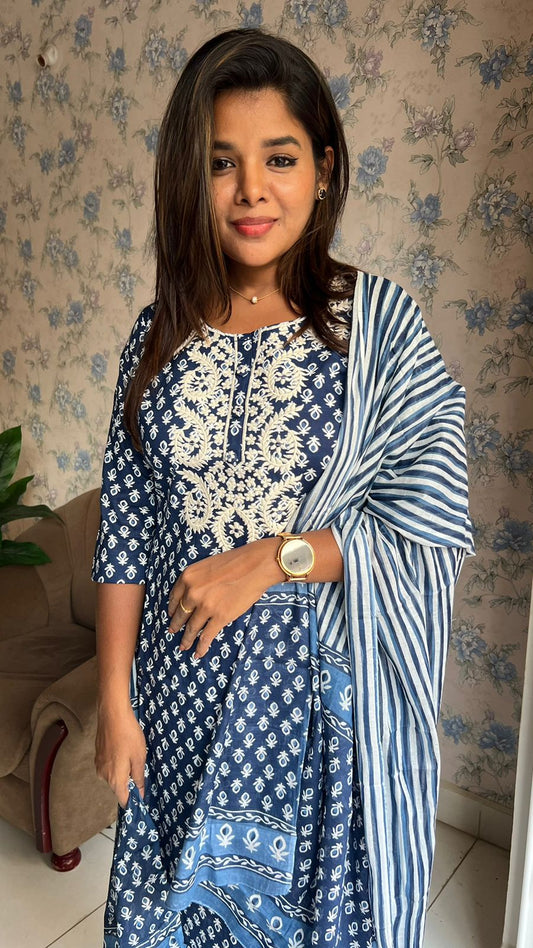 Blue pure cotton embroidered 3 piece kurti suit