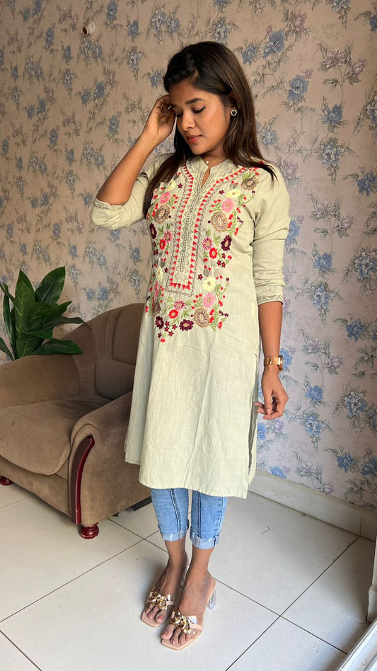 Light green cotton embroidery kurti top