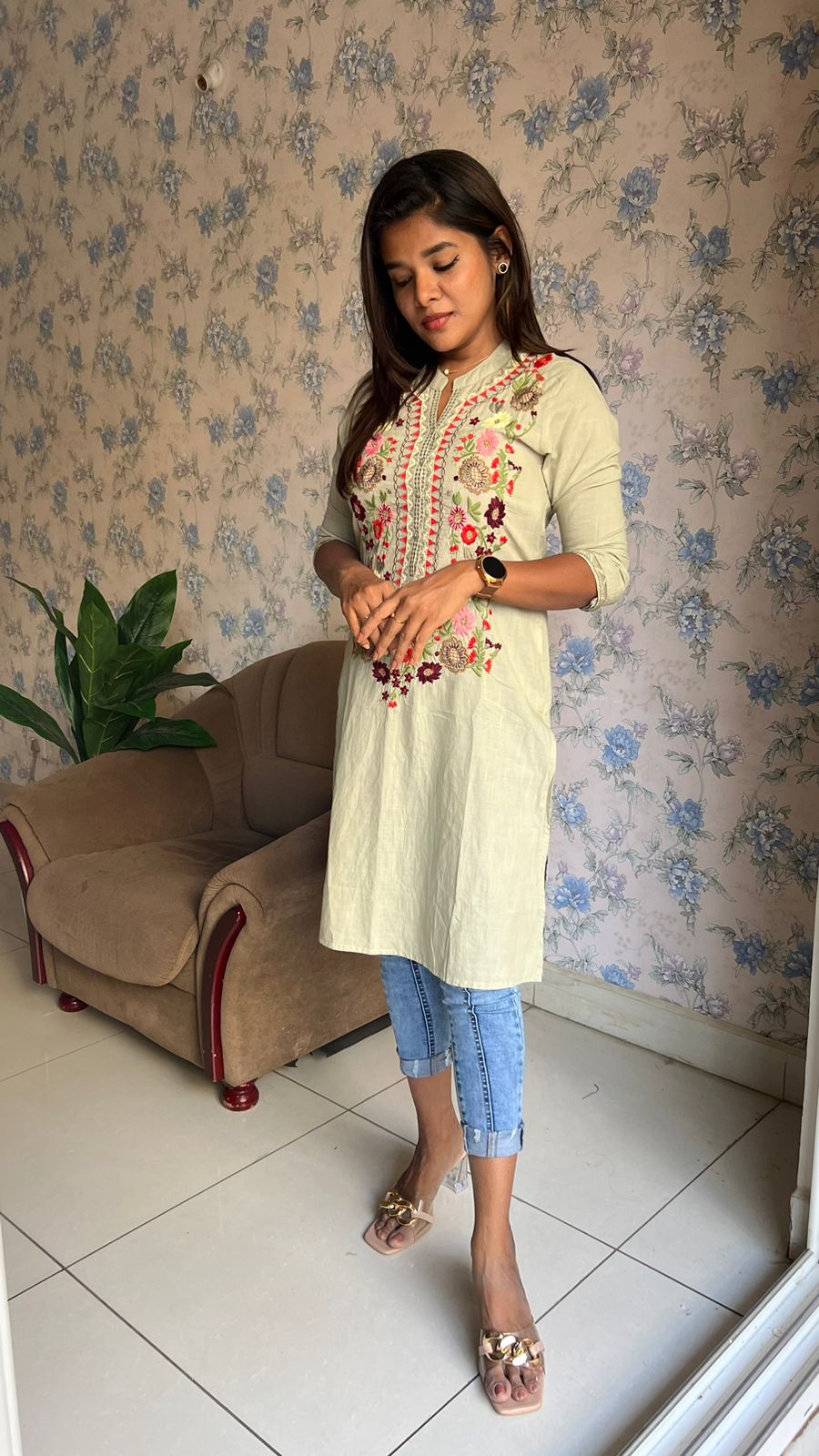 Light green cotton embroidery kurti top