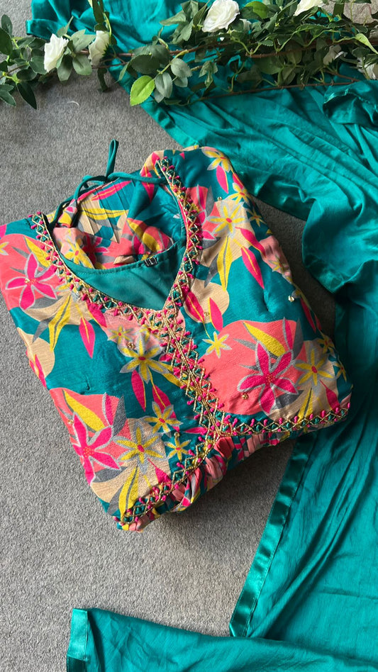 Rayon blue & pink floral printed 2 piece kurti maxi dress